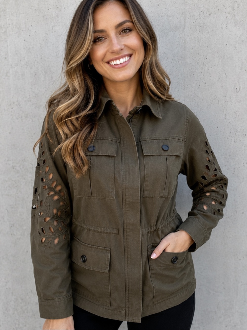 . Dainty Hooligan Cozy Up Floral Olive Green Long Sleeve Utility Jacket